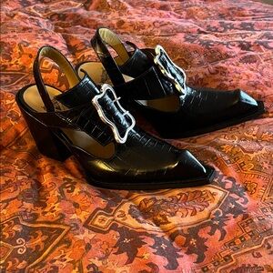 John Fluevog Black Heels with Silver Buckle